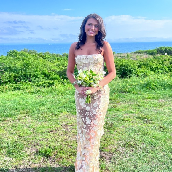 Bronx and Banco Strapless Floral Dress in Cream and Tan - Picture 4 of 5